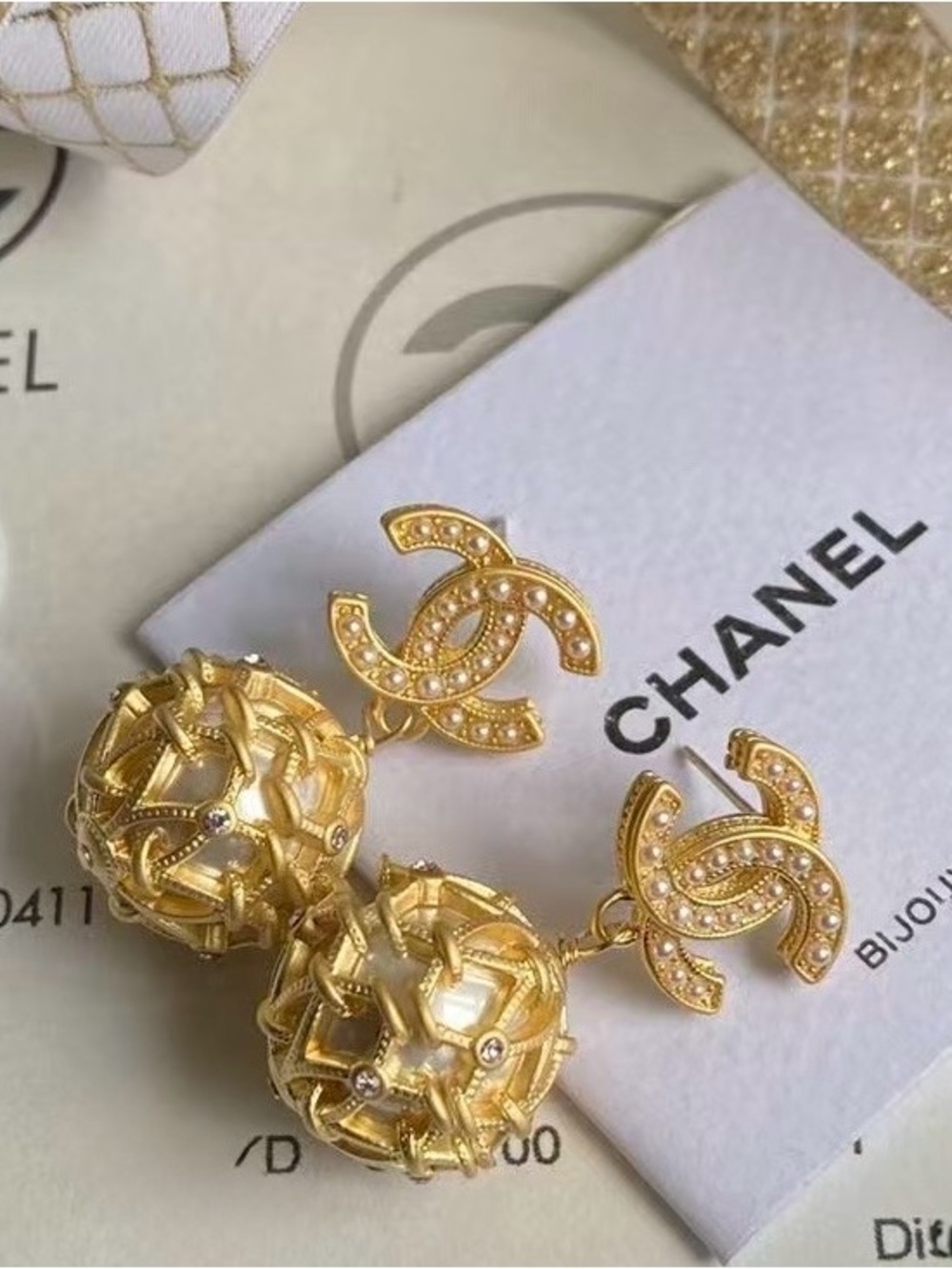 CHANEL Gold CC Pearl-Accented Drop Earrings